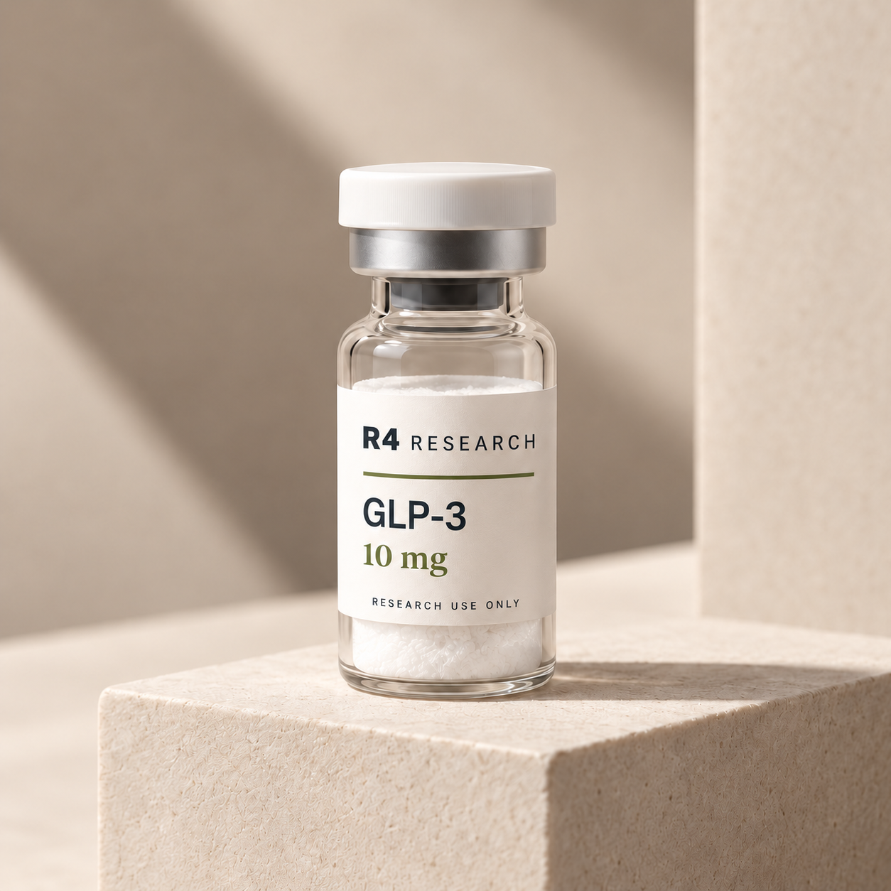 R4 Research GLP-3 10 mg vial design on an ivory pedestal